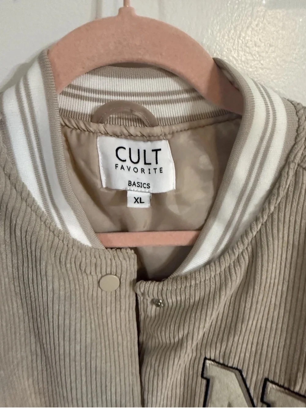 Corduroy Varsity Jacket in Beige & Cream with NYC Patch